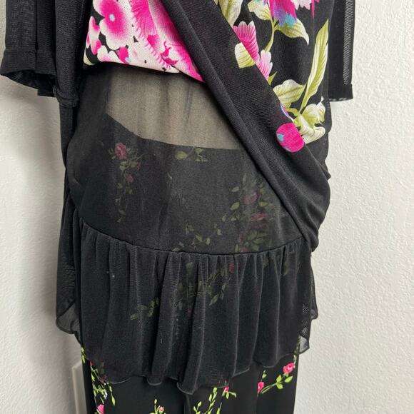 Foral Flower Mesh Flowy Layered Black Tunic Top Half Sleeves Lagenlook - Picture 4 of 7